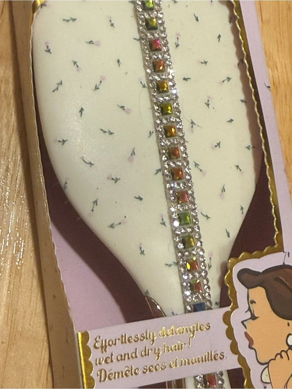 White vintage looking Detangler Brush with Rhinestone Accent-New